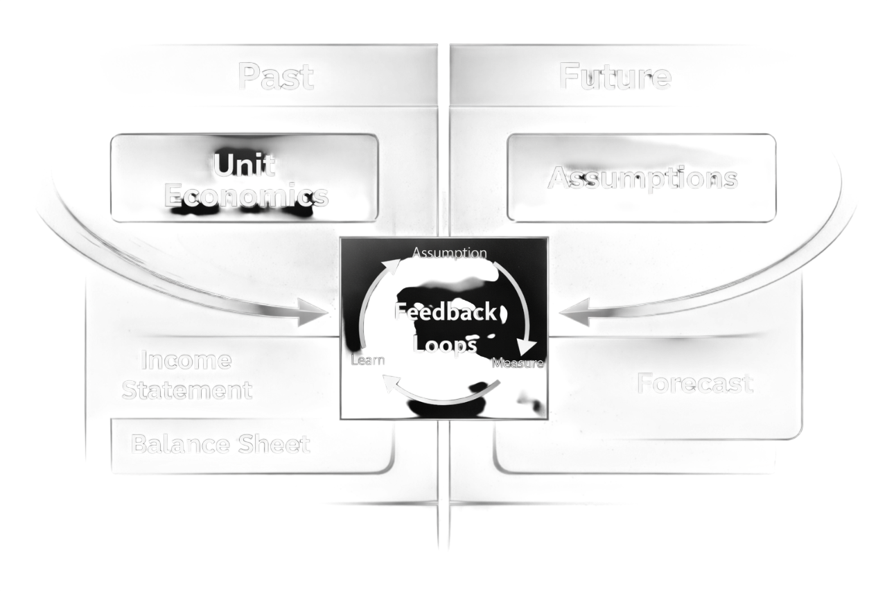 System diagram showing feedback loops between Past (Unit Economics, Income Statement, Balance Sheet) and Future (Assumptions, Forecast)